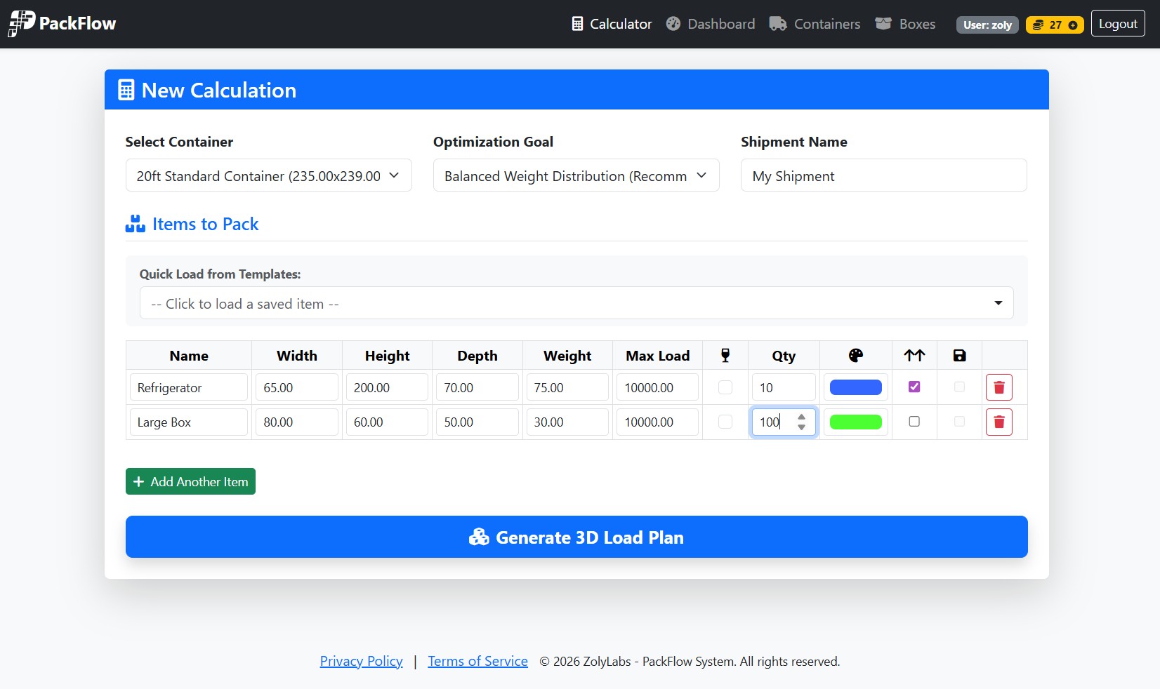PackFlow 3D Interface